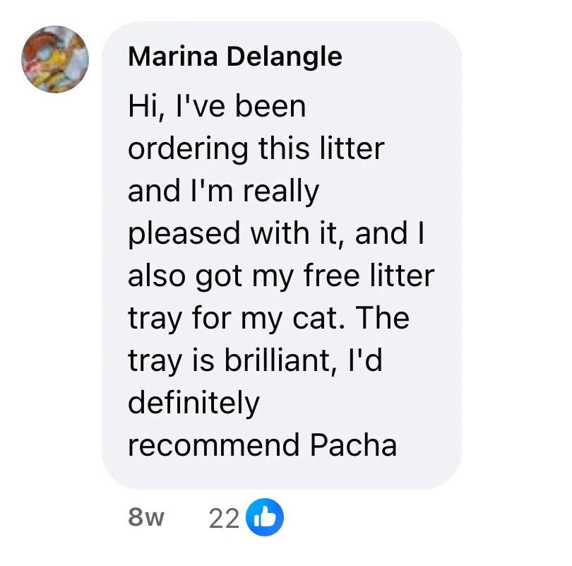 Facebook comment by Marina Delangle (22 likes): "Hi, I've been ordering this litter and I'm really pleased with it, and I also got my free litter tray for my cat. The tray is brilliant, I'd definitely recommend Pacha"