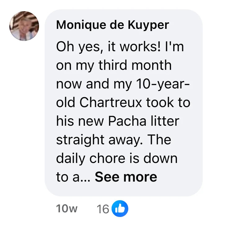 Facebook comment by Monique de Kuyper (16 likes): "Oh yes, it works! I'm on my third month now and my 10-year-old Chartreux took to his new Pacha litter straight away. The daily chore is down to a few minutes: the (dry) poos go down the loo, a quick stir of the litter... Only downside, the little silica crystals still end up around the hooded tray, so you need a quick sweep. But that's such a small thing! I'm planning to order their mat, it's bigger and cleverer than the tiny one I've got... Go for it, you can trust it! 👍😻"