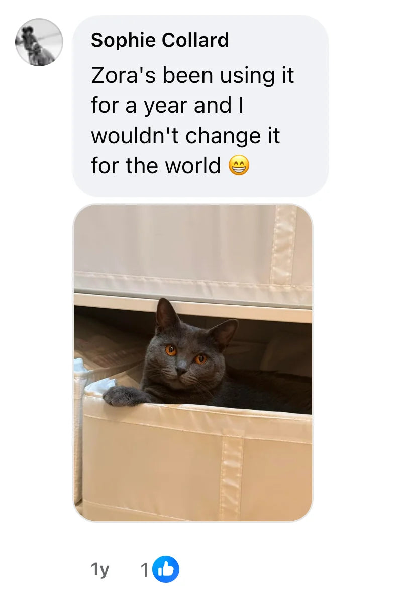 Facebook comment by Sophie Collard (1 likes): "Zora's been using it for a year and I wouldn't change it for the world 😁"