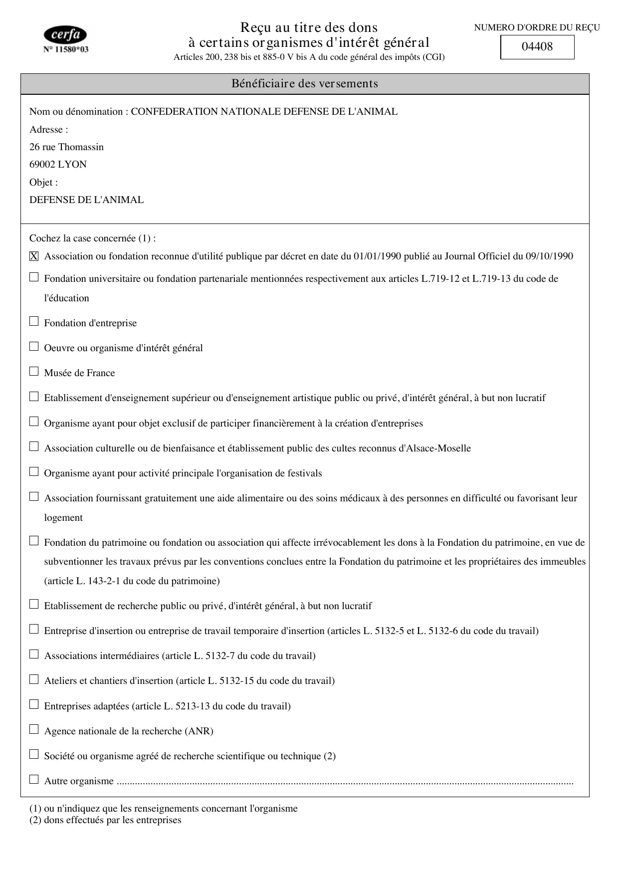 Receipt, page 1: beneficiary Confédération nationale Défense de l'animal, a charity recognised as being in the public interest