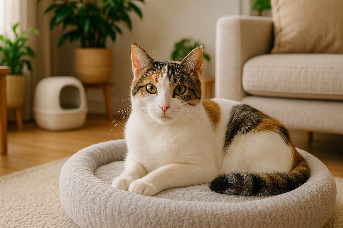 Aegean Hybrid Cat relaxing in a UK home with a clean Pacha Litter box in the background.