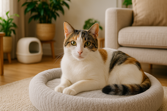 Aegean Hybrid Cat relaxing in a UK home with a clean Pacha Litter box in the background.