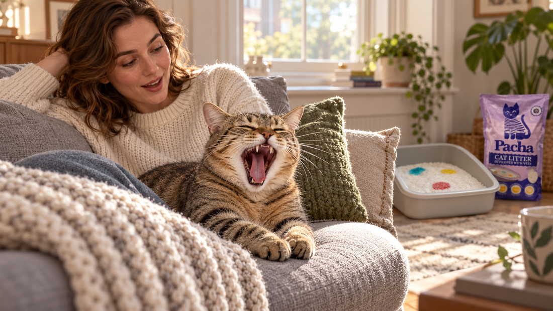 Tabby cat yawning on a sofa beside its owner, illustrating bad breath in cats – Pacha Litter guide