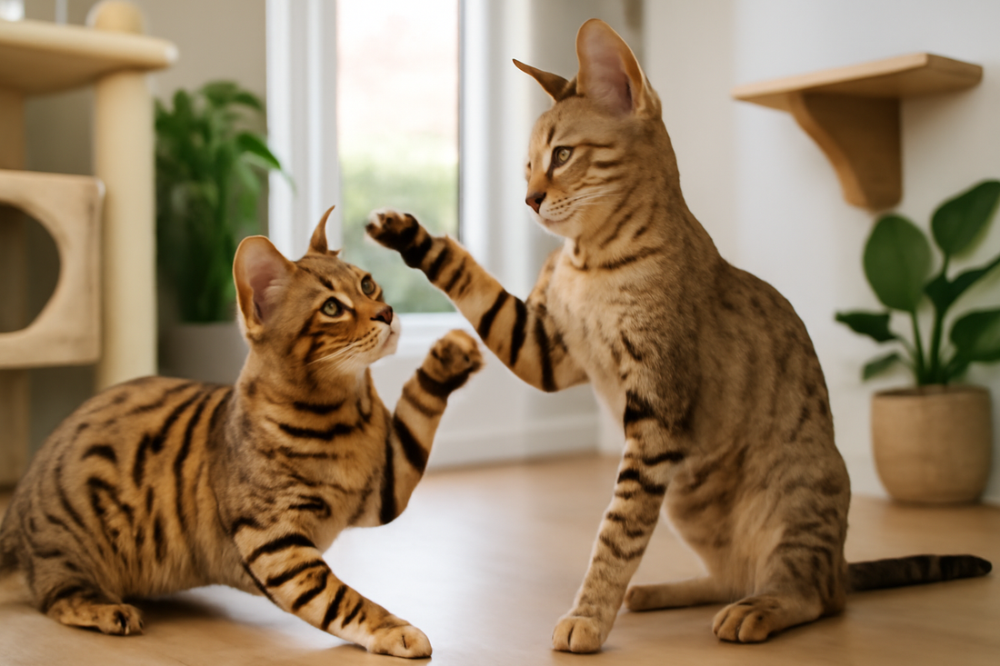 engal and Savannah hybrid cats playing in a bright, enriched UK home with climbing furniture and a clean environment supported by Pacha Litter, Pacha Litter.