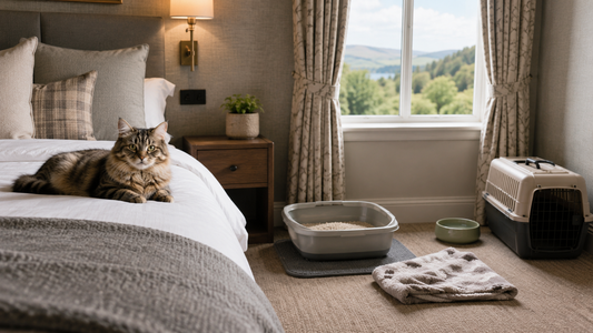 Relaxed cat enjoying a pet-friendly hotel room with a clean Pacha Litter setup during travel