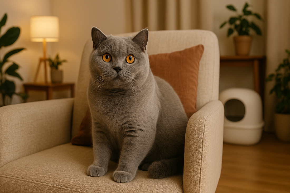 British Shorthair cat sitting in a cosy UK living room with a Pacha Litter box in the background.