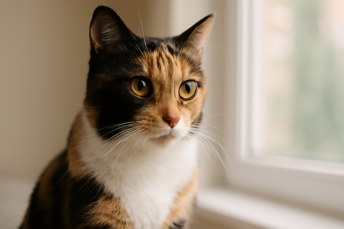 Close-up portrait of a calico cat with a striking tri-colour coat in a bright UK home, Pacha Litter.