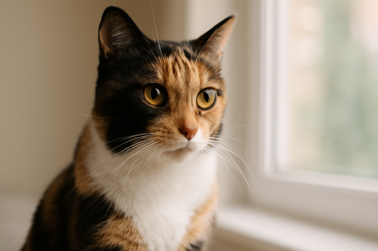 Close-up portrait of a calico cat with a striking tri-colour coat in a bright UK home, Pacha Litter.