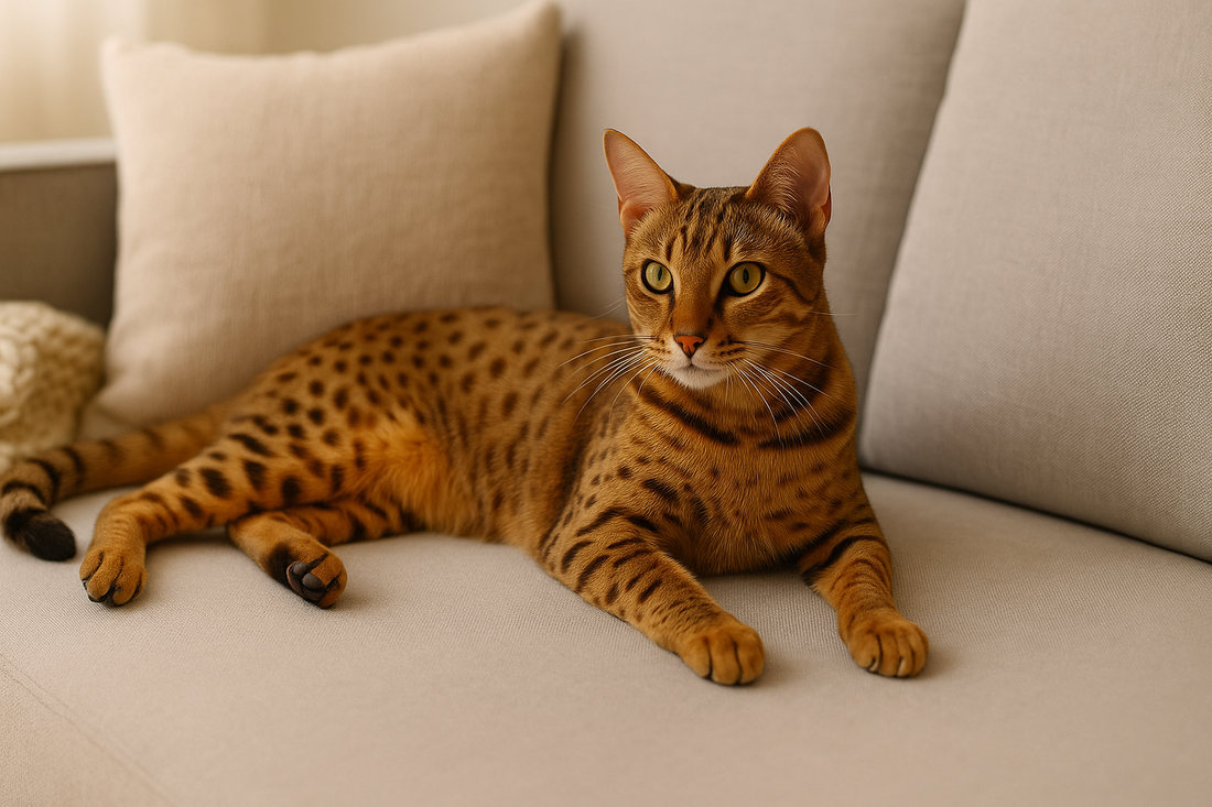 California Spangled Cat with spotted bronze coat relaxing indoors on a modern sofa, Pacha Litter.
