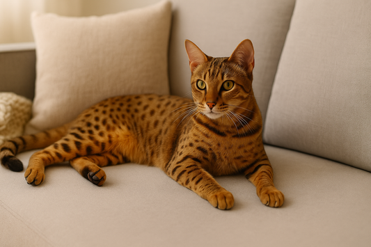 California Spangled Cat with spotted bronze coat relaxing indoors on a modern sofa, Pacha Litter.