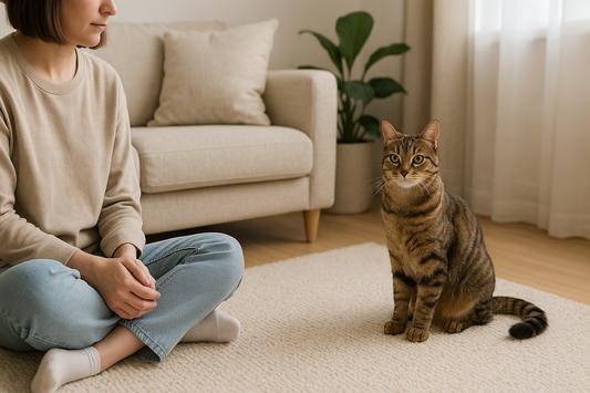 Person sitting calmly near a friendly cat during a relaxed exposure session to overcome fear of cats in a bright UK home, Pacha Litter.