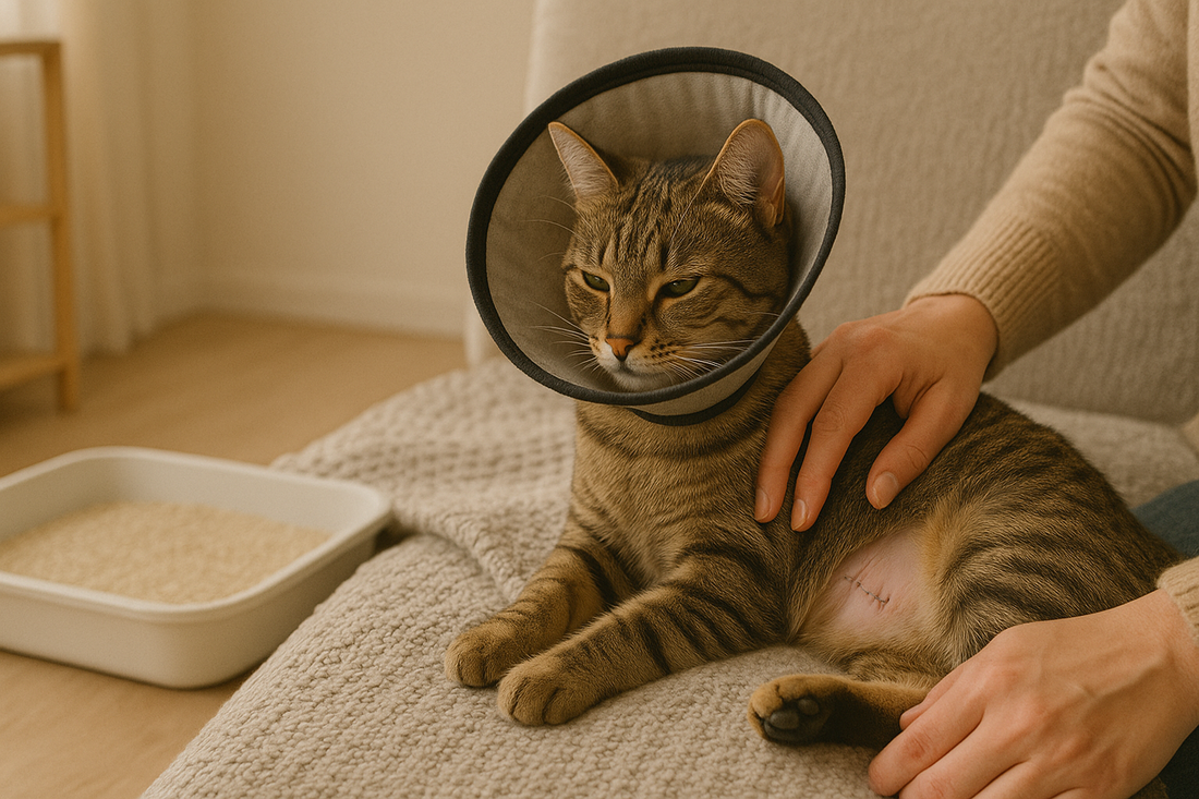 Recently spayed cat resting with a cone beside a low-sided litter tray filled with Pacha Litter, gentle home recovery, Pacha Litter.