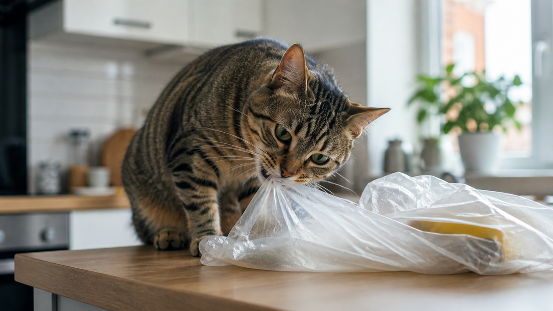 Curious cat chewing a plastic shopping bag indoors showing risky behaviour Pacha Litter
