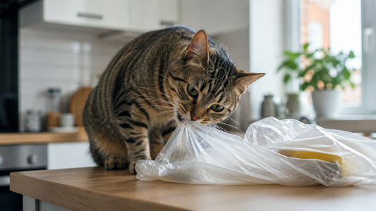 Curious cat chewing a plastic shopping bag indoors showing risky behaviour Pacha Litter