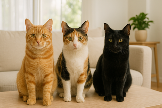 Ginger, calico, and black cat sitting together, showing different coat colours and patterns with Pacha Litter.