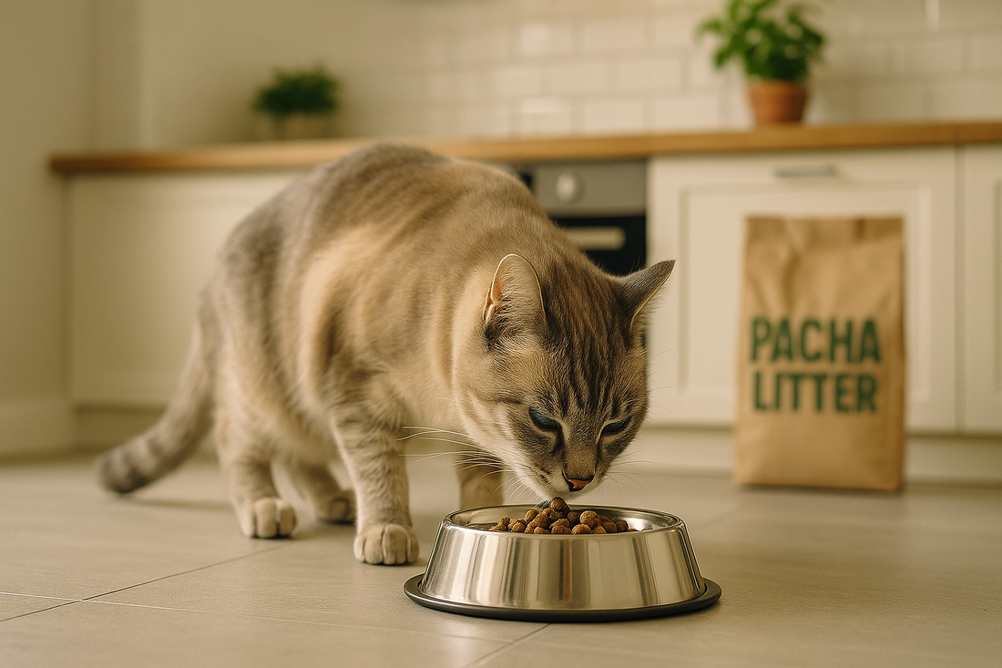 Cat eating high-quality food from a bowl in a UK kitchen with Pacha Litter in the background.