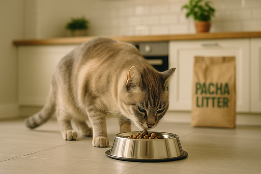Cat eating high-quality food from a bowl in a UK kitchen with Pacha Litter in the background.