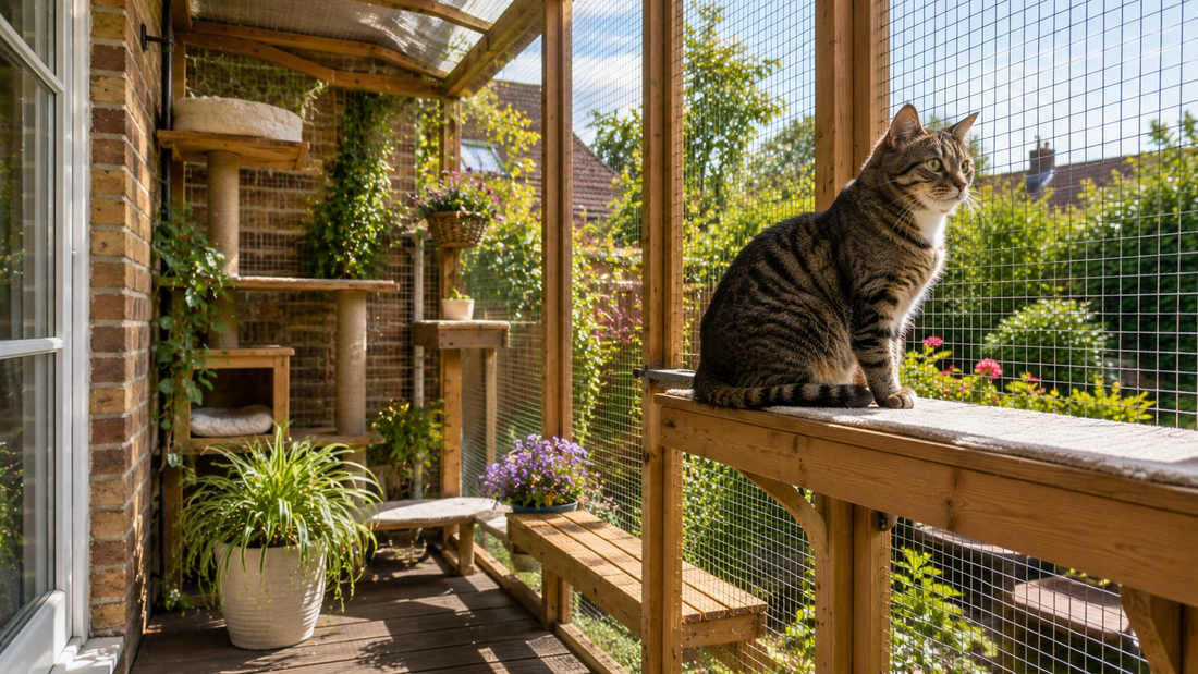 Indoor cat relaxing safely inside a summer garden catio in the UK Pacha Litter