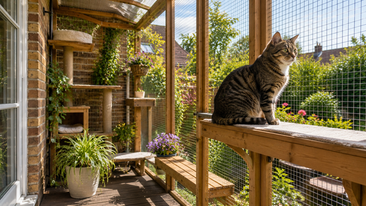 Indoor cat relaxing safely inside a summer garden catio in the UK Pacha Litter