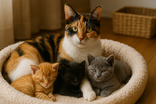 Calico mother cat with kittens of different coat colours in a basket, illustrating feline genetics and Pacha Litter.