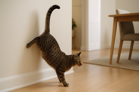 Domestic cat doing a handstand against a wall while spraying to mark territory, Pacha Litter.