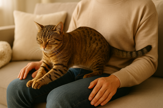 Domestic short-haired cat kneading on its owner’s lap while purring happily, showing affection and comfort, Pacha Litter.