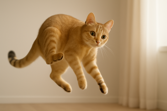 cat demonstrating its incredible flexibility and reflexes mid-air, twisting to land gracefully on its feet, Pacha Litter.