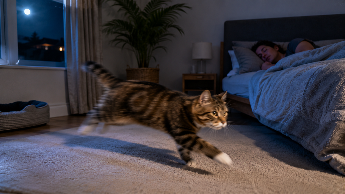 Domestic cat racing across a bedroom during midnight zoomies Pacha Litter