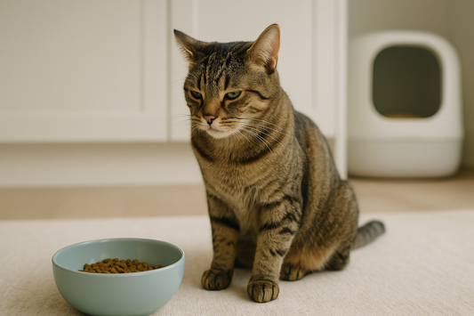 Cat avoiding its food bowl in a UK home, showing early signs of appetite loss with a clean tray of Pacha Litter in the background.