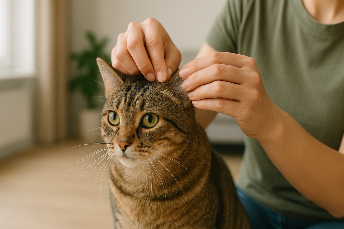 Cat owner carefully checking a cat’s fur for ticks after outdoor play in a bright UK home, Pacha Litter.
