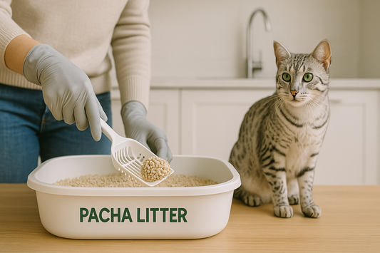 Cat owner cleaning a litter tray with Pacha Litter using a scoop, highlighting daily hygiene routine.
