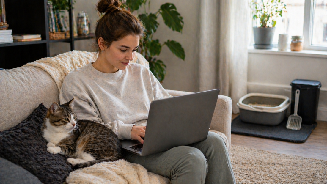 Cat owner reading a cat care blog at home in the UK with a relaxed cat nearby, clean litter area visible, supported by Pacha Litter