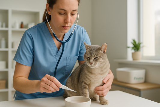 Veterinarian examining a sick cat for early signs of cat panleukopenia, highlighting preventive health care with Pacha Litter
