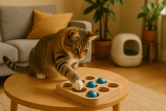 Cat using one paw to reach into a treat puzzle in a UK home with a Pacha Litter box in the background.