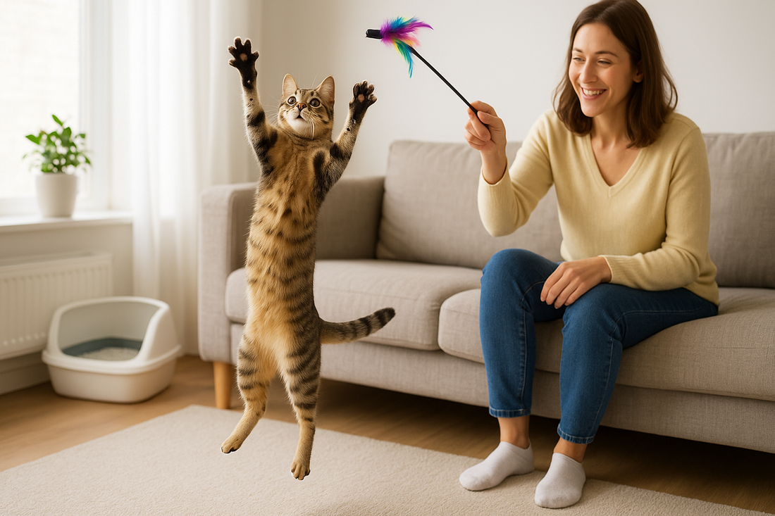 Playful cat jumping to catch a feather wand toy indoors with a clean Pacha Litter box in the background.