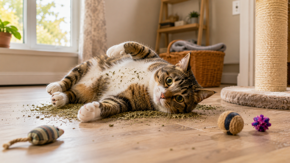 Playful domestic cat reacting excitedly to catnip indoors Pacha Litter