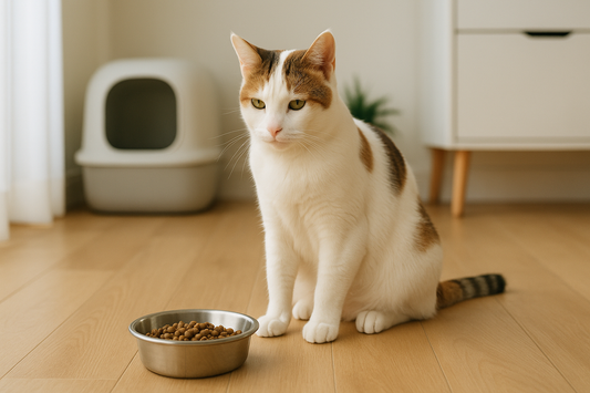 Cat refusing to eat from its food bowl in a UK home with a Pacha Litter box in the background.