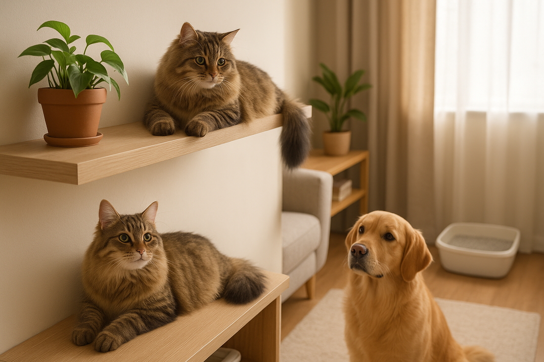 Cat resting on a high perch while a dog sits calmly below, showing safe introductions with Pacha Litter in the home.