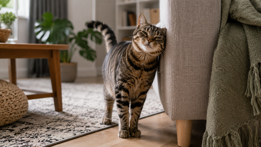 Domestic cat rubbing against furniture to mark territory at home Pacha Litter