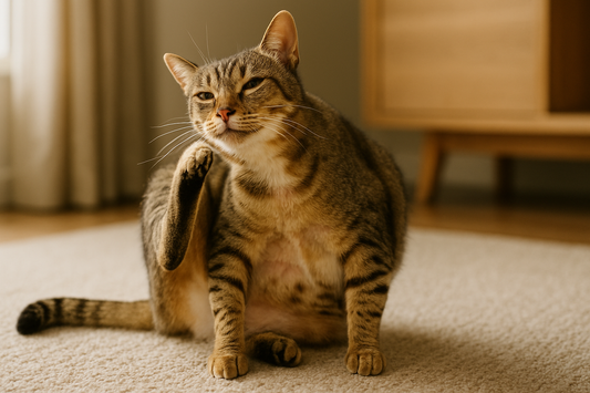 Domestic cat scratching behind its ear due to allergies, showing common skin irritation, Pacha Litter.