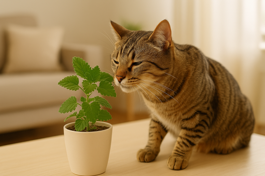 Tabby cat curiously sniffing a fresh catnip plant in a pot indoors, highlighting cat behaviour, Pacha Litter.