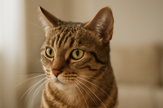 Close-up of a domestic cat with alert, rotating ears demonstrating super hearing ability, Pacha Litter.