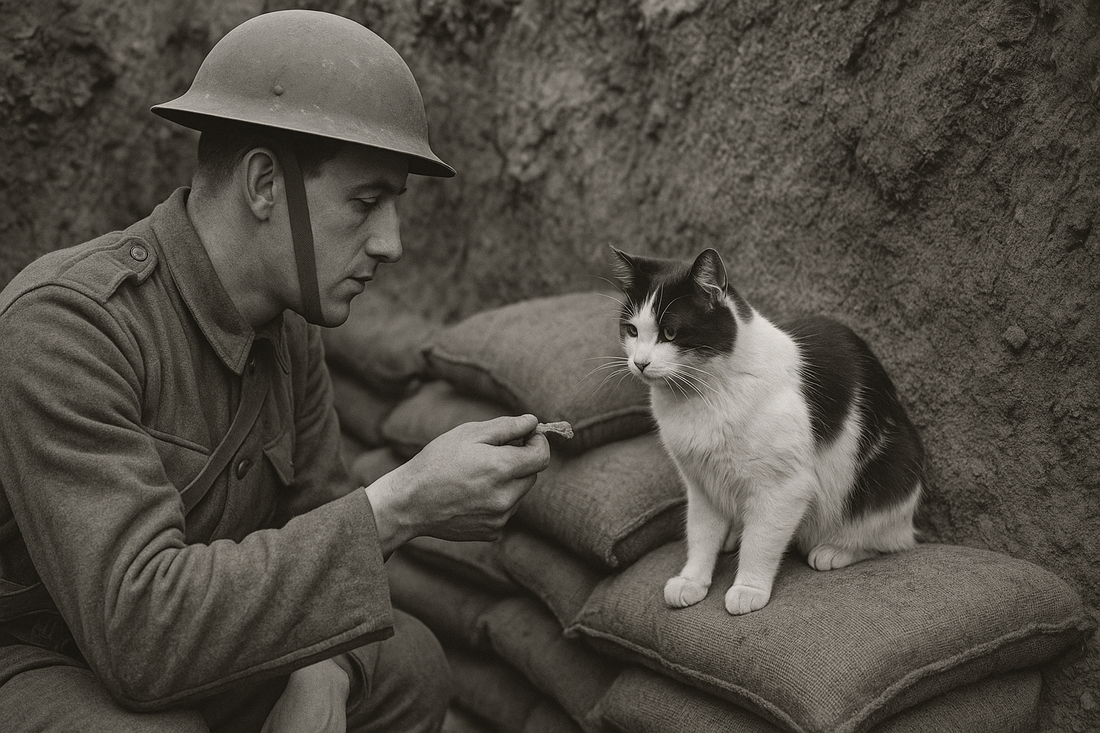Soldier in a WWI trench feeding a small cat, showing feline companionship during wartime, Pacha Litter.