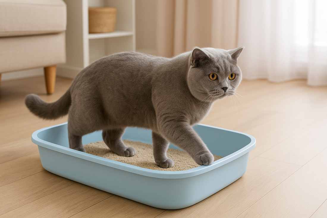 British Shorthair cat stepping into a clean litter tray filled with Pacha Litter in a tidy home.