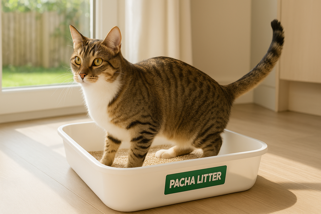 Domestic cat using a clean low-dust litter tray filled with Pacha Litter in a bright UK home, representing hygiene and respiratory comfort, Pacha Litter.