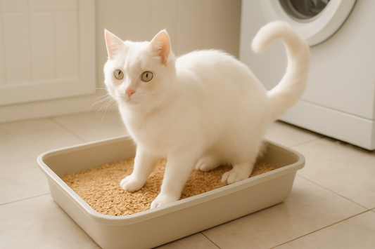 Cat using a natural clumping cat litter made from corn or walnut shells in a clean tray, Pacha Litter.