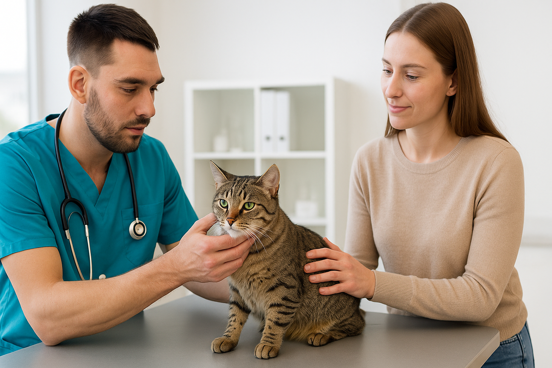 Domestic short-haired cat being checked by a vet before neutering procedure in a clean clinic, Pacha Litter.