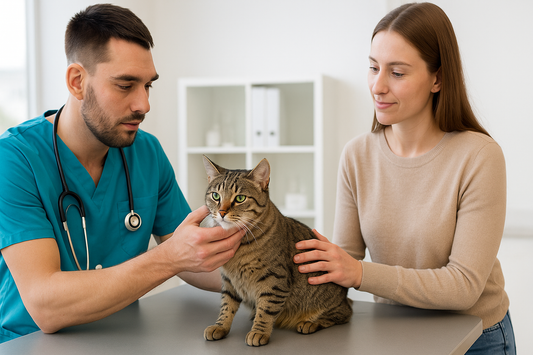 Domestic short-haired cat being checked by a vet before neutering procedure in a clean clinic, Pacha Litter.