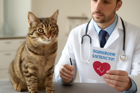 Cat being examined by a vet for heartworm, Pacha Litter.