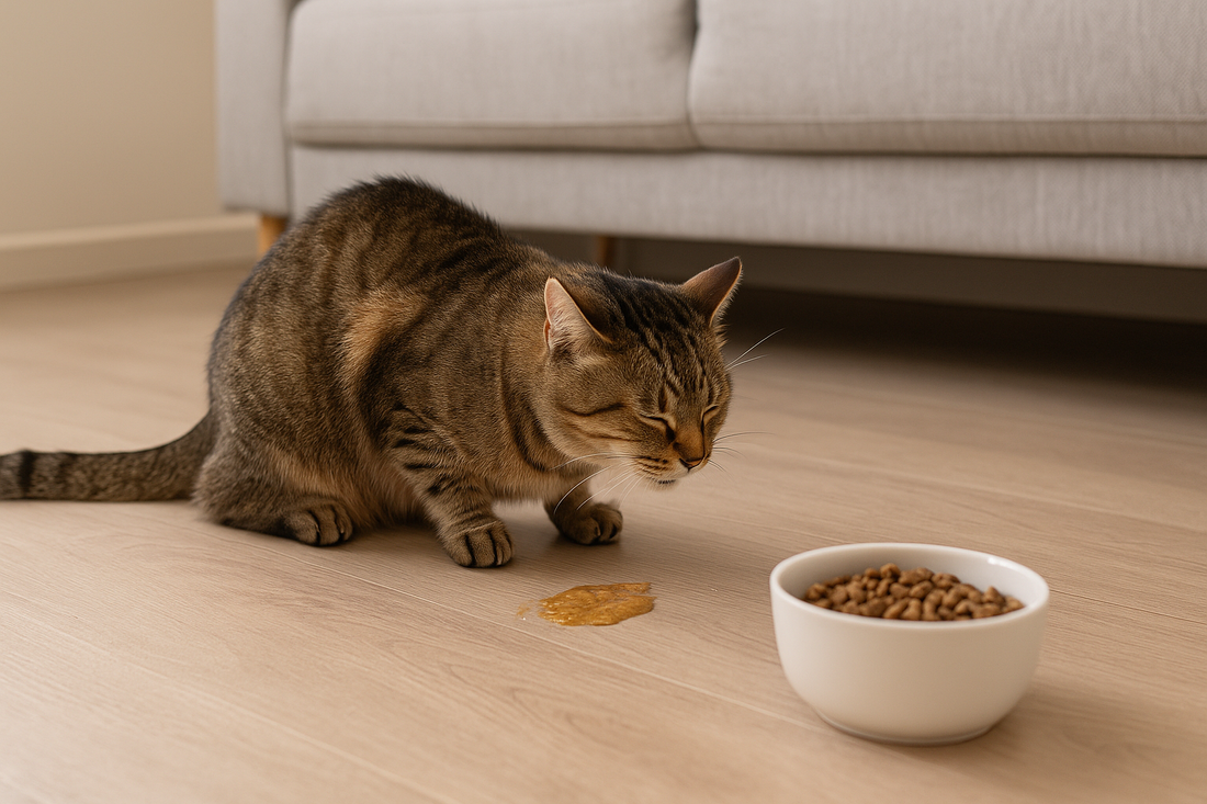Domestic cat showing signs of vomiting at home, illustrating common feline illness, Pacha Litter.